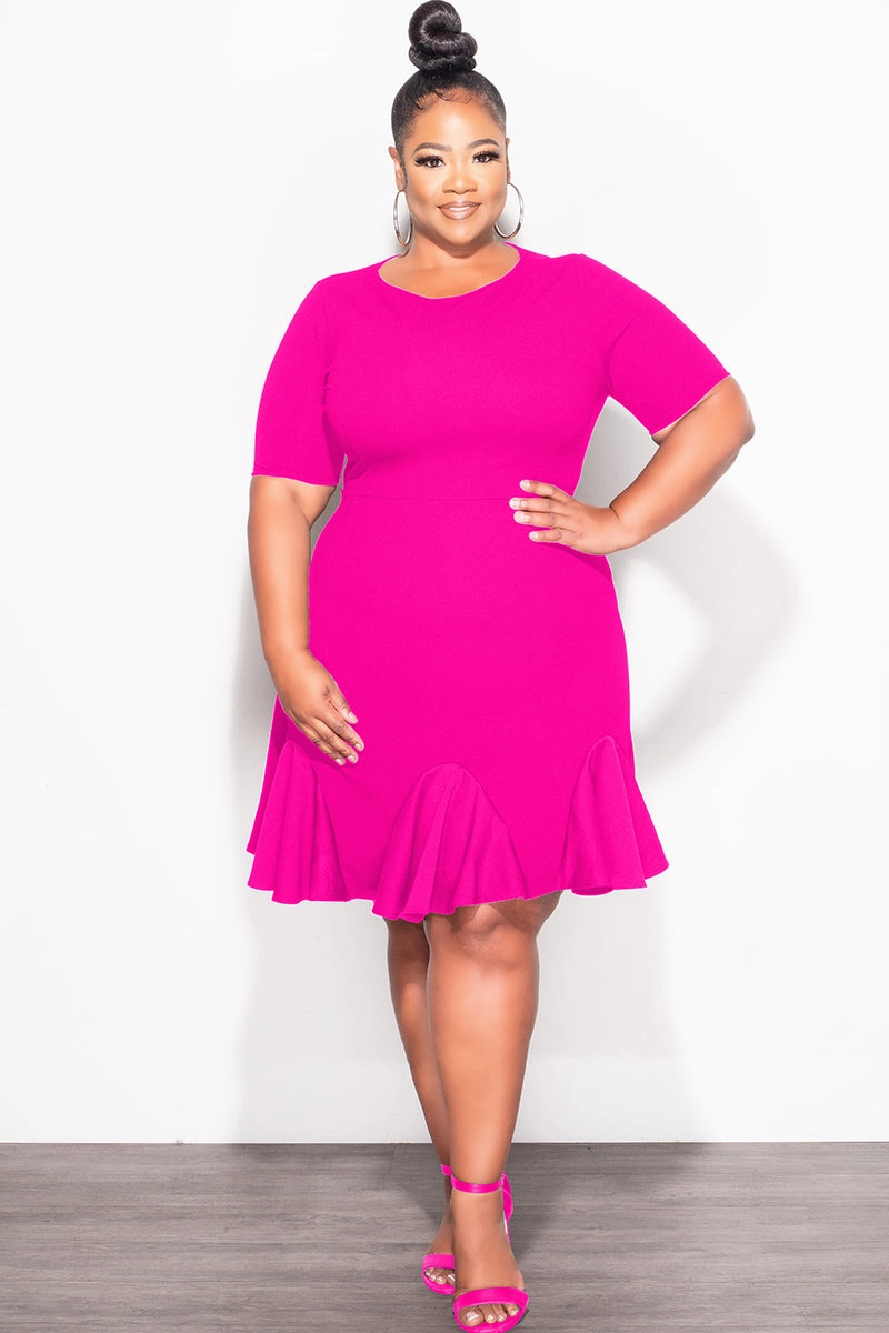 Bold Design Utility Pockets Final Sale Plus Size Ruffle Dress in Fuchsia