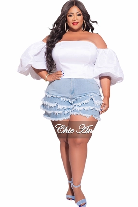 Machine washable Work Friendly Final Sale Plus Size Ruffle Layered Frayed Shorts in Light Denim
