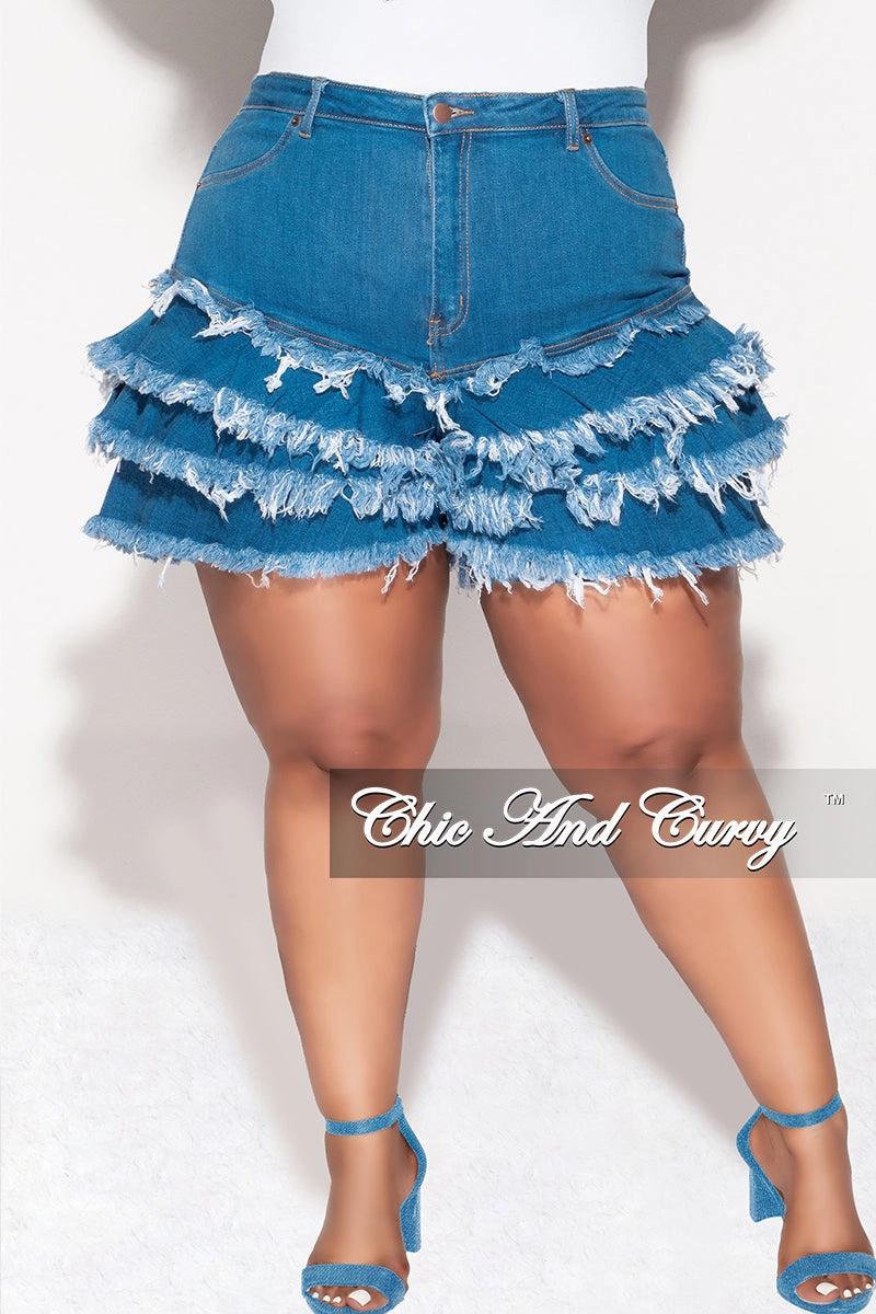 Long Wear Final Sale Plus Size Ruffle Layered Frayed Shorts in Med Dark Denim