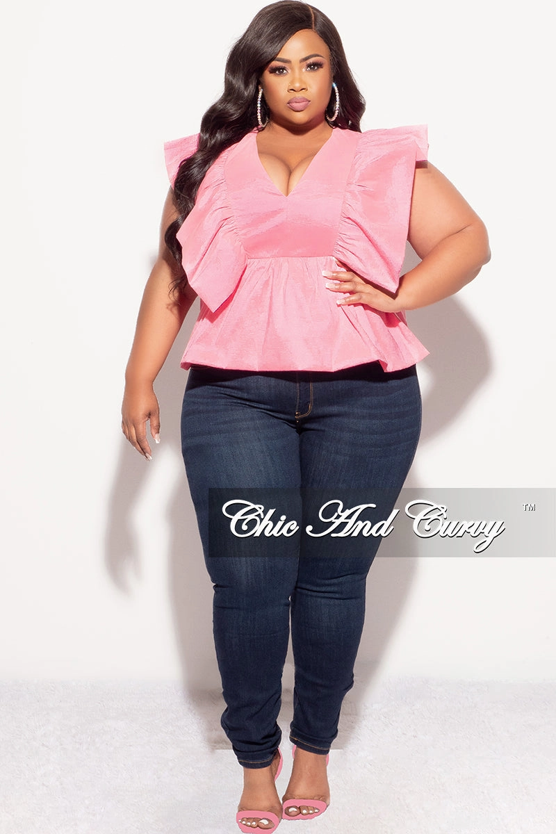 Mesh Panel GussetedCrotch Final Sale Plus Size Ruffle Peplum Top in Pink