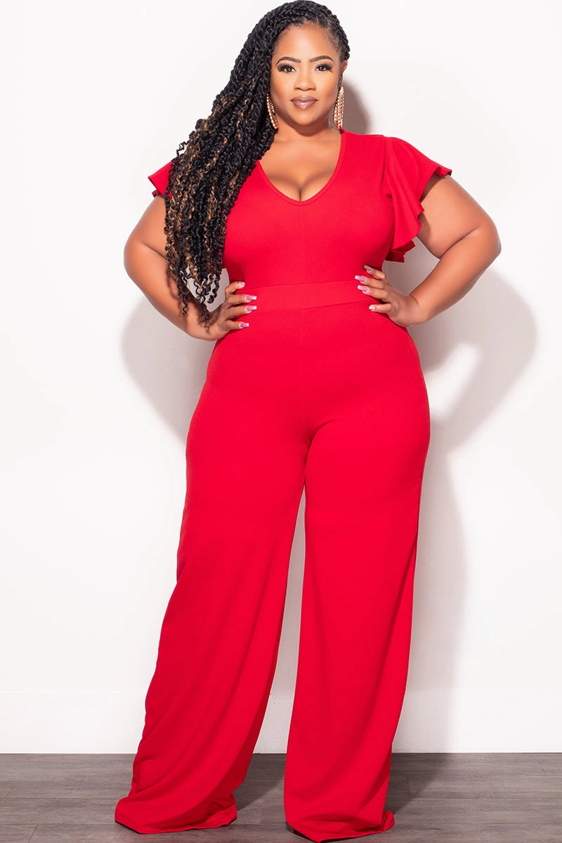 Final Sale Plus Size Ruffle Sleeve Jumpsuit in Red Outdoor Fit