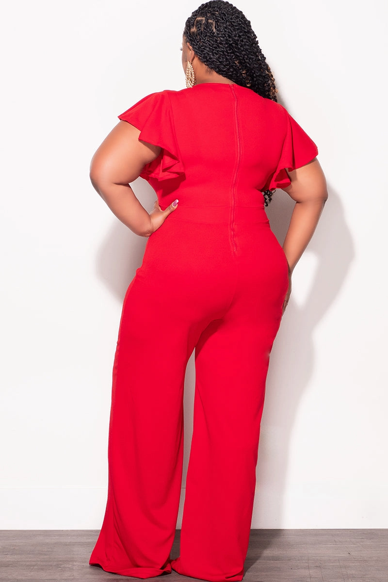Final Sale Plus Size Ruffle Sleeve Jumpsuit in Red Timeless Comfort Fit Tear Resistant Design