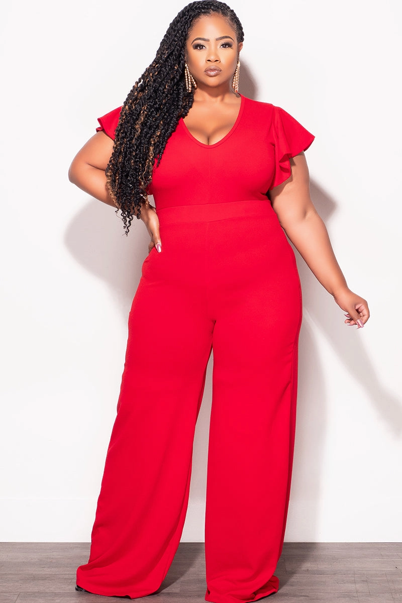 Final Sale Plus Size Ruffle Sleeve Jumpsuit in Red Sustainable Fabric sporty wear