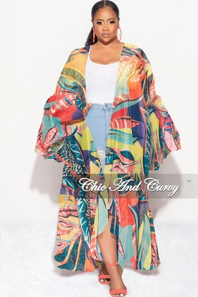 Final Sale Plus Size Ruffle Sleeve Kimono Duster in Multi Color Tropical Print GussetedCrotch