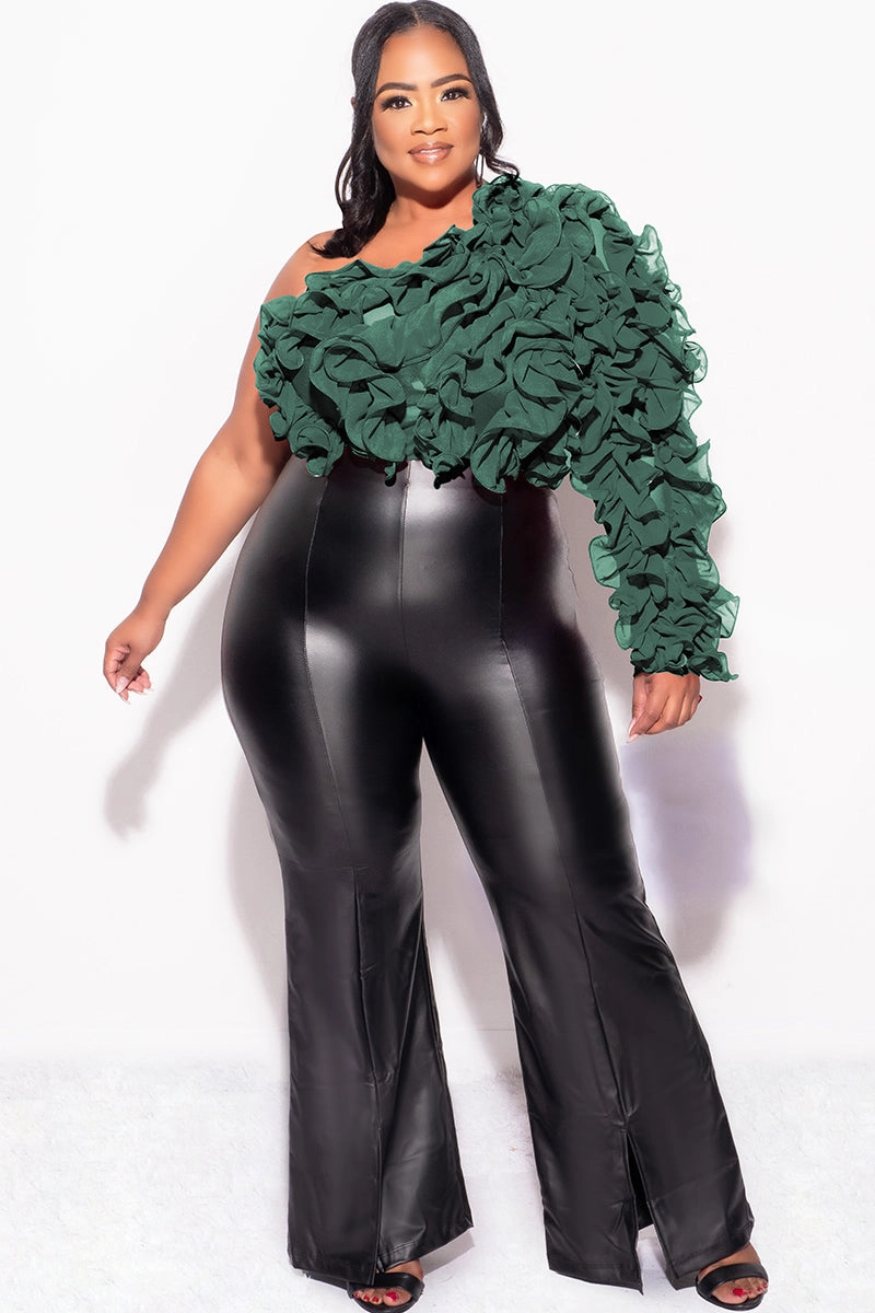 Final Sale Plus Size Ruffled One Shoulder Crop Top Hunter Green Casual Must-Have