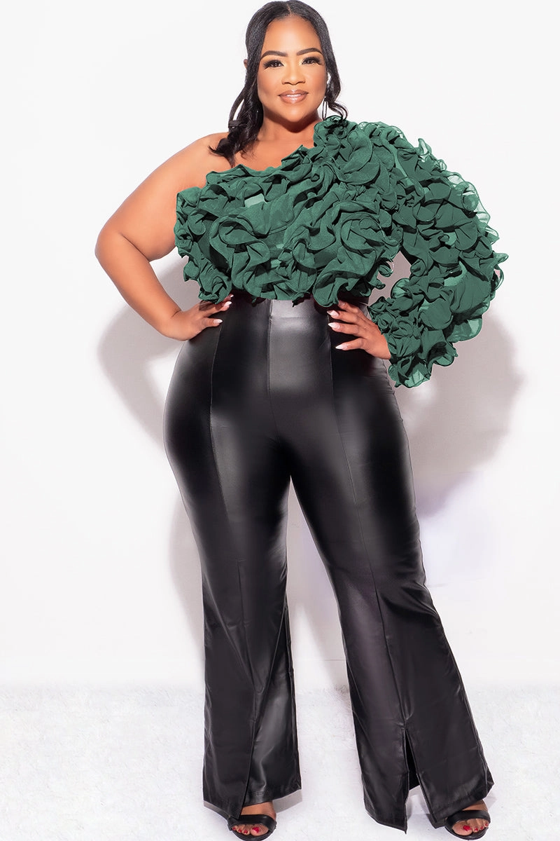 Final Sale Plus Size Ruffled One Shoulder Crop Top Hunter Green High Durability Stitching