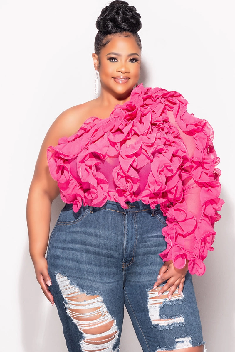 Final Sale Plus Size Ruffled One Shoulder Crop Top in Pink Stretchable Design EasyCareFabric