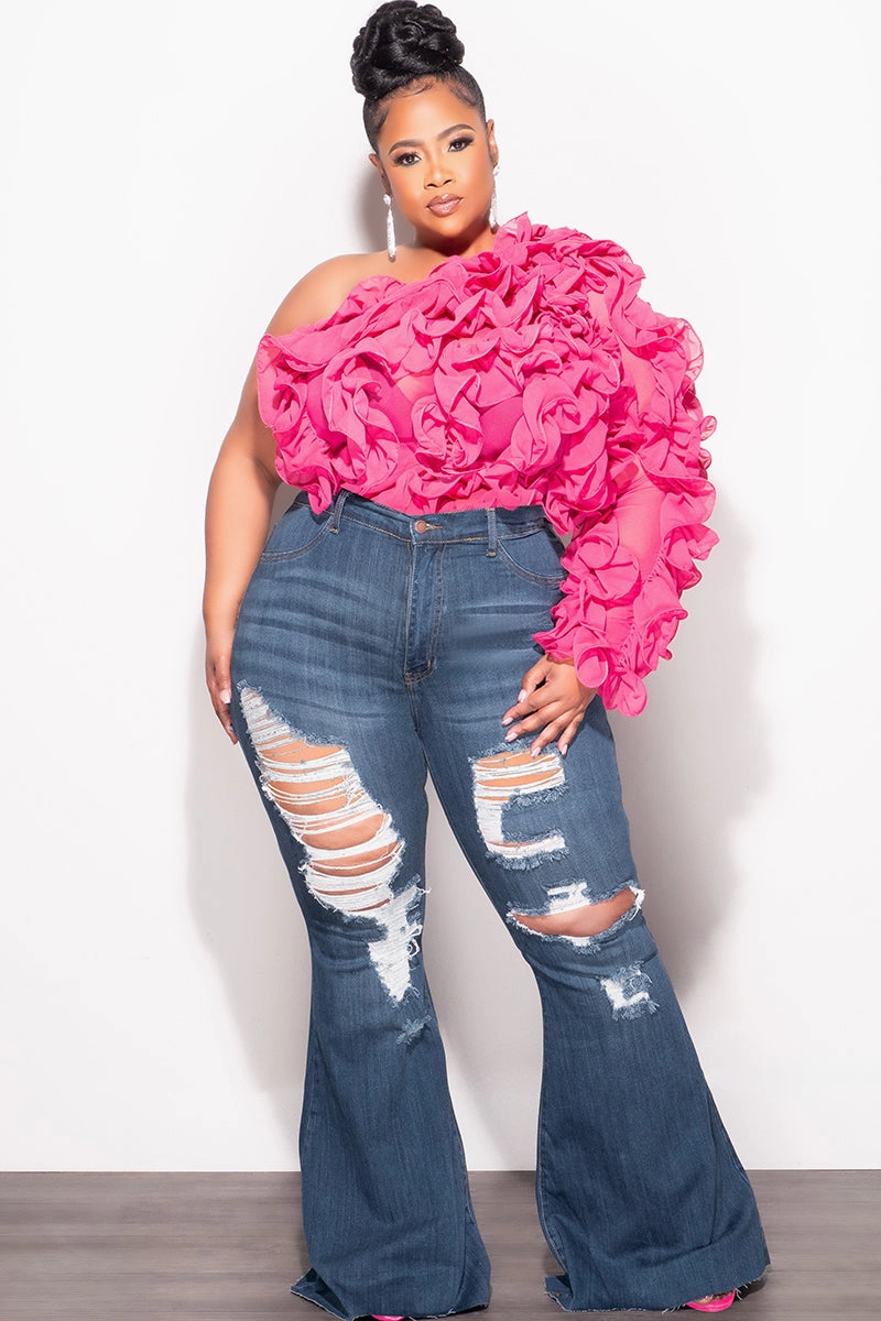 Sleek lines Back pockets Final Sale Plus Size Ruffled One Shoulder Crop Top in Pink
