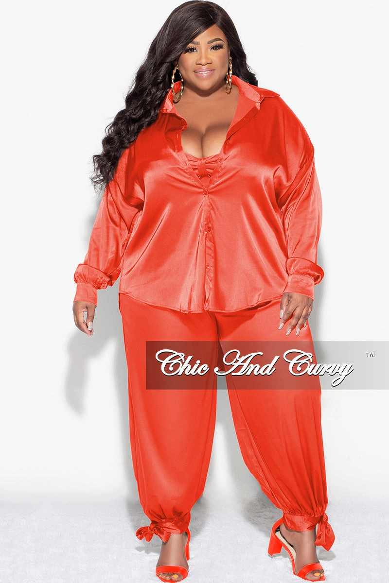 Final Sale Plus Size Satin 3pc Set (Collar Top, Tube Bra and High Waist Pants) in Orange Stay Fresh Slim Silhouette