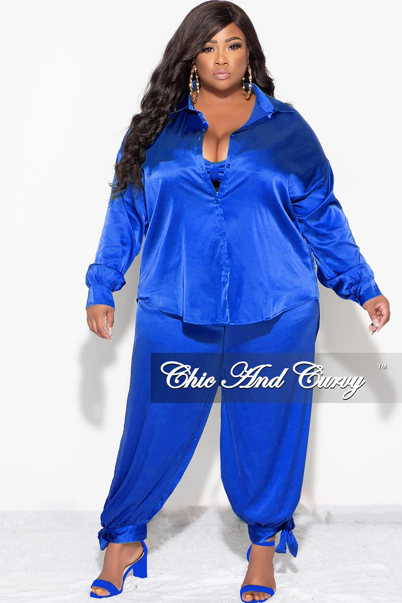 Final Sale Plus Size Satin 3pc Set (Collar Top, Tube Bra and High Waist Pants) in Royal Blue Cozy Style Relaxed Cut
