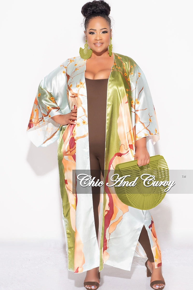 Anti Snag Threading Stretch waistband Final Sale Plus Size Satin Caftan in Olive & Rust Multi Color Floral Print