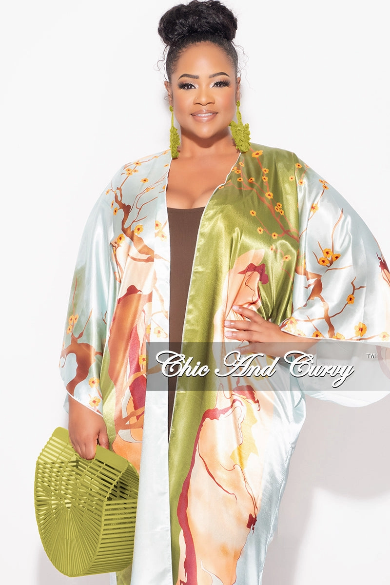 Final Sale Plus Size Satin Caftan in Olive & Rust Multi Color Floral Print Mid-rise fit