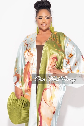 Final Sale Plus Size Satin Caftan in Olive & Rust Multi Color Floral Print Quick Slip