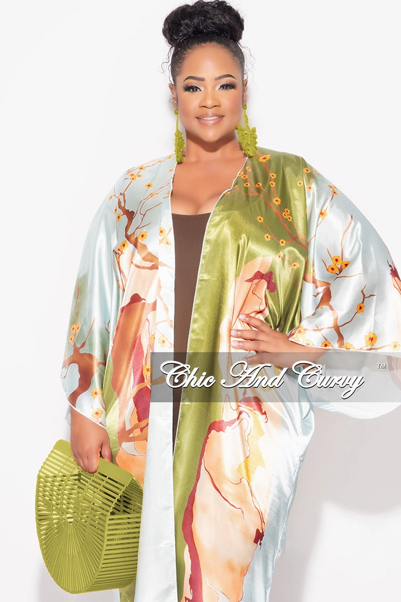 Final Sale Plus Size Satin Caftan in Olive & Rust Multi Color Floral Print Quick Slip