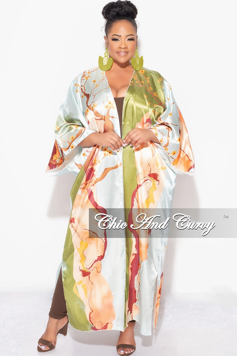 Final Sale Plus Size Satin Caftan in Olive & Rust Multi Color Floral Print Odor Control Treatment