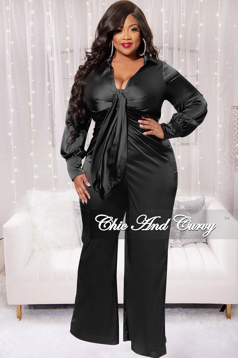 Final Sale Plus Size Satin Collar Front Tie Button Up Jumpsuit in Black NonIrritating Fabric