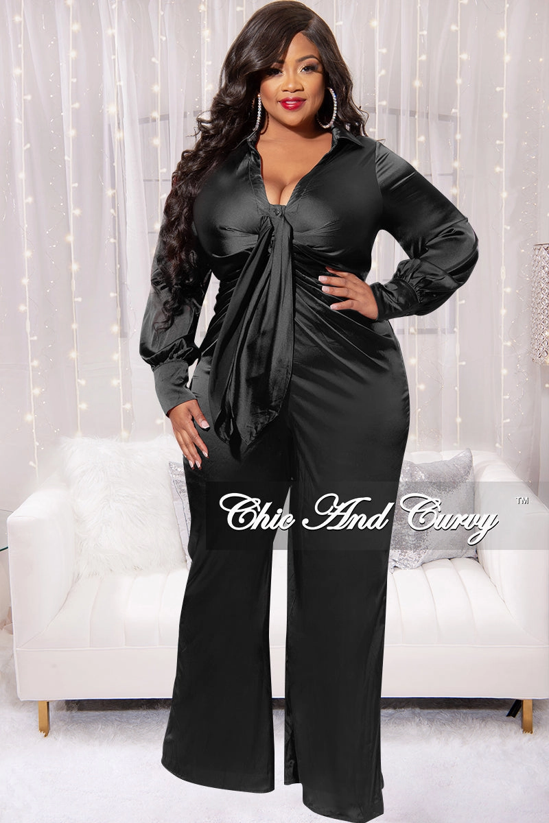 Final Sale Plus Size Satin Collar Front Tie Button Up Jumpsuit in Black MinimalistCut LowImpact Manufacturing
