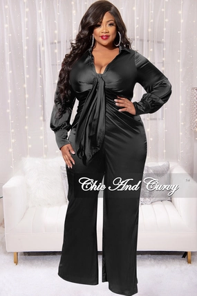 Final Sale Plus Size Satin Collar Front Tie Button Up Jumpsuit in Black MinimalistCut LowImpact Manufacturing