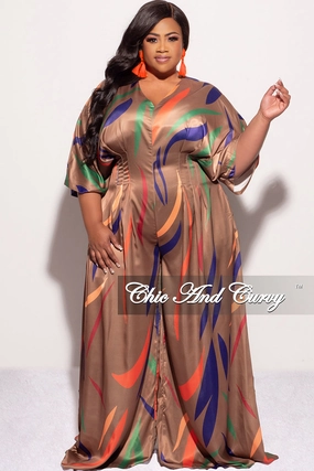 Final Sale Plus Size Satin Flare Leg Jumpsuit in Brown Multi Color Effortless Design Snag Free Fabric