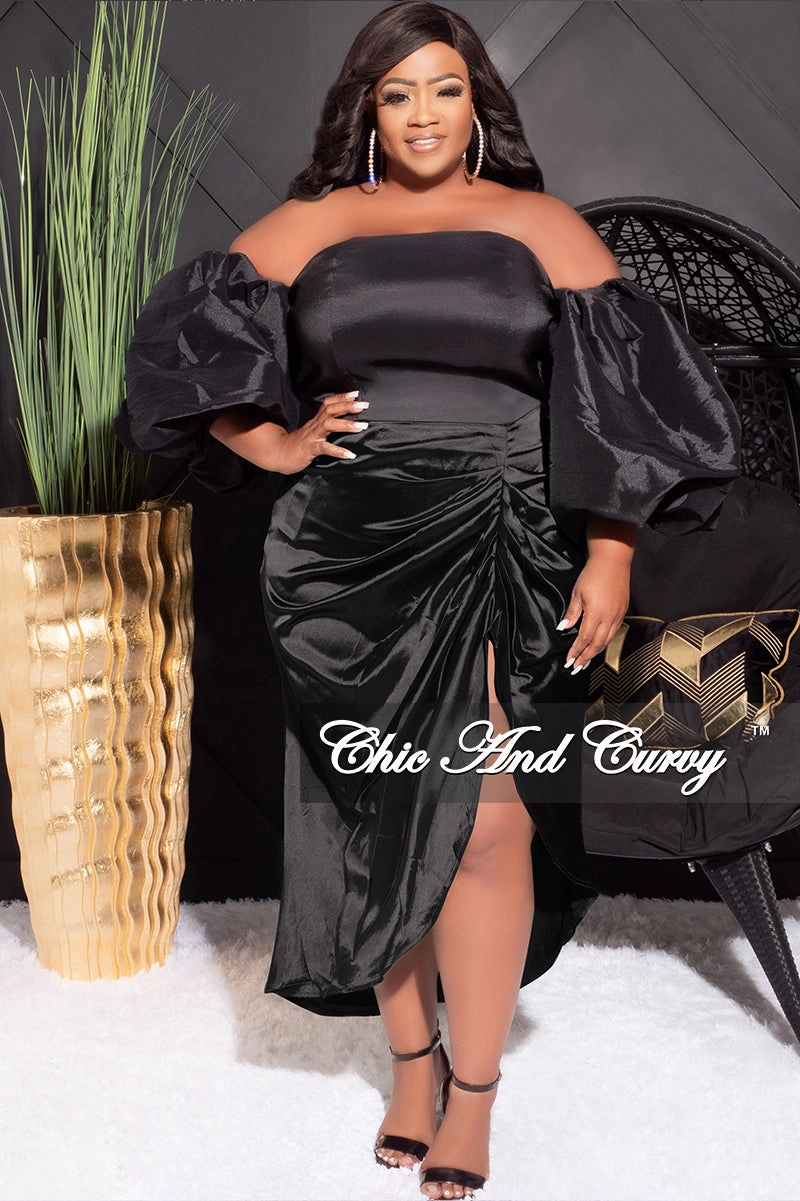 Machine washable Final Sale Plus Size Satin Ruched Skirt in Black