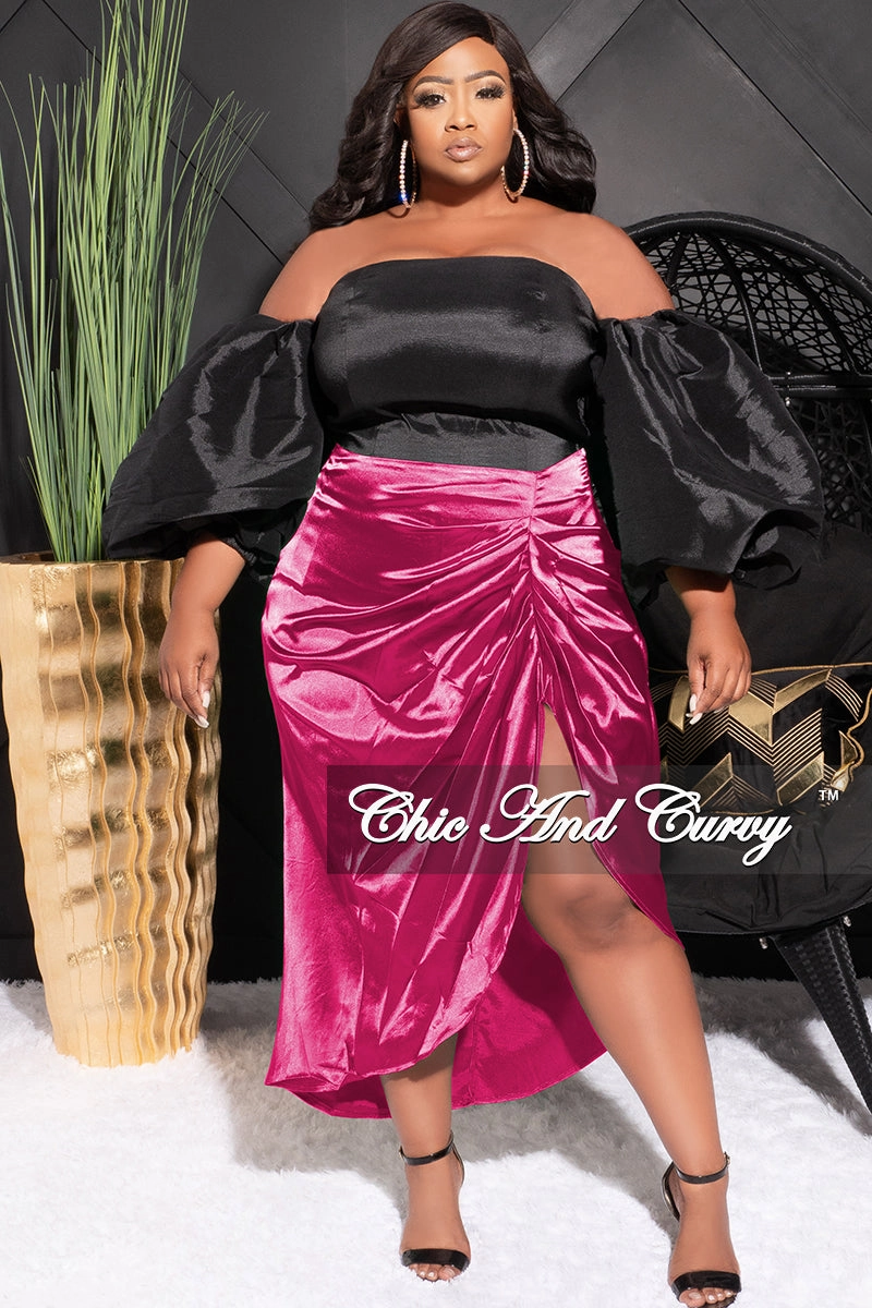 ElasticWaist Temperature Regulating Final Sale Plus Size Satin Ruched Skirt in Fuchsia