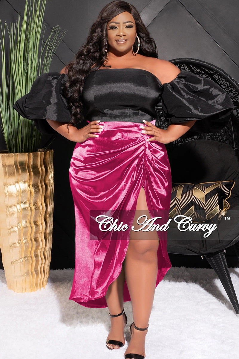 Final Sale Plus Size Satin Ruched Skirt in Fuchsia Tight Waist
