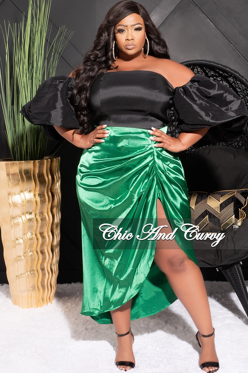 Final Sale Plus Size Satin Ruched Skirt in Green Layer-Friendly