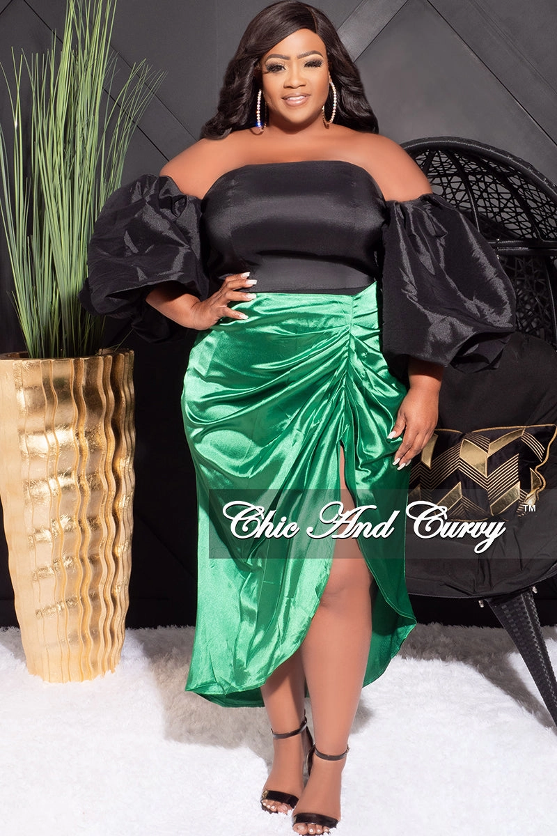 Low Profile Fasteners Final Sale Plus Size Satin Ruched Skirt in Green