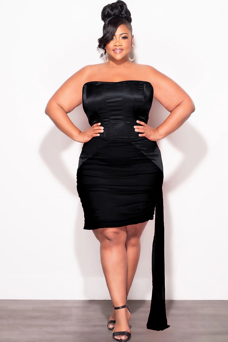 Final Sale Plus Size Satin Strapless Mini Dress with Side Train in Black Breathable Stretch Perfect Shape