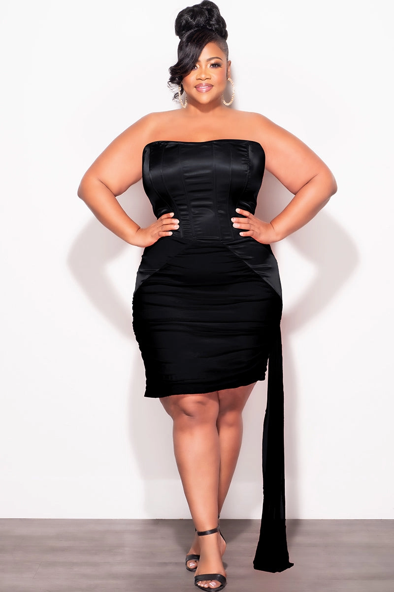 Final Sale Plus Size Satin Strapless Mini Dress with Side Train in Black Lightweight Material Functional Waist