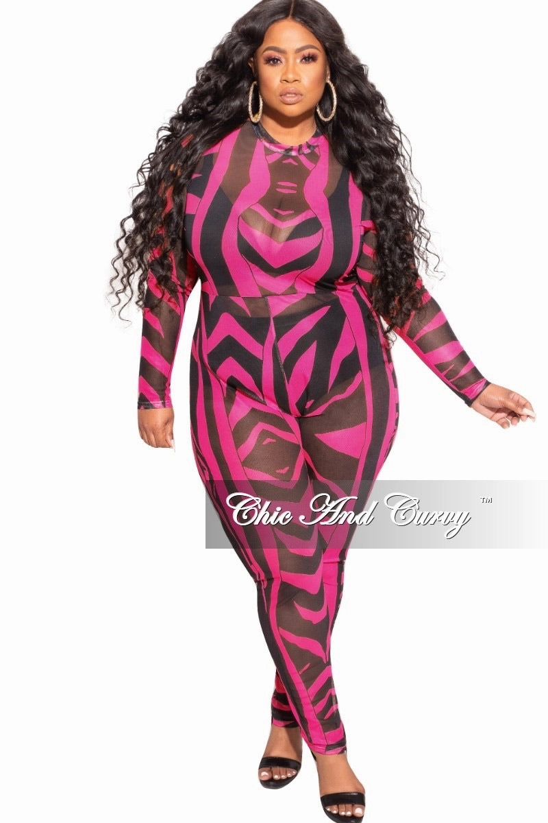 RipstopFabric Smart Wear Final Sale Plus Size See Through Mesh Jumpsuit in Black and Hot Pink Zebra Print