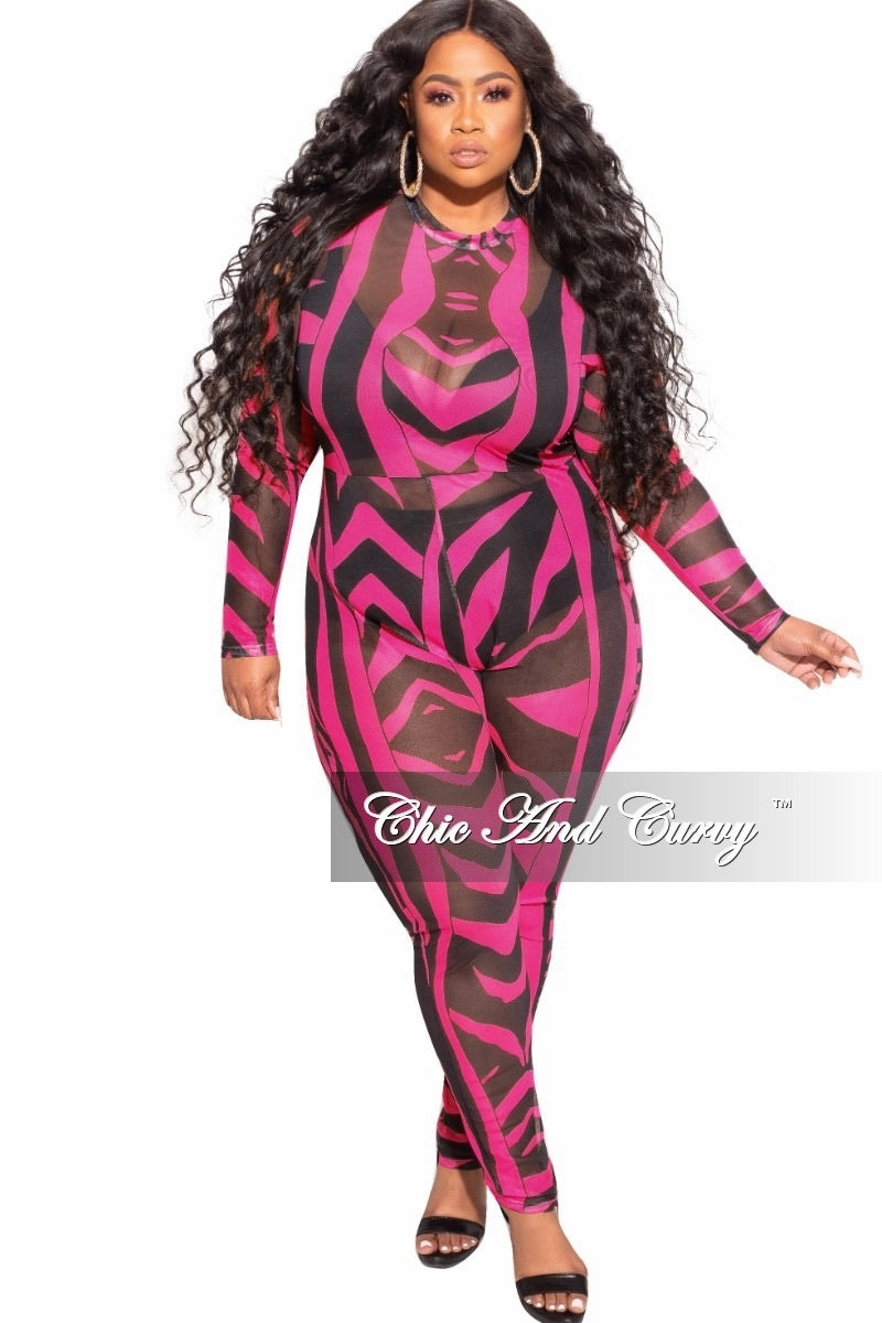 Flexibility Fit Soft Design Final Sale Plus Size See Through Mesh Jumpsuit in Black and Hot Pink Zebra Print