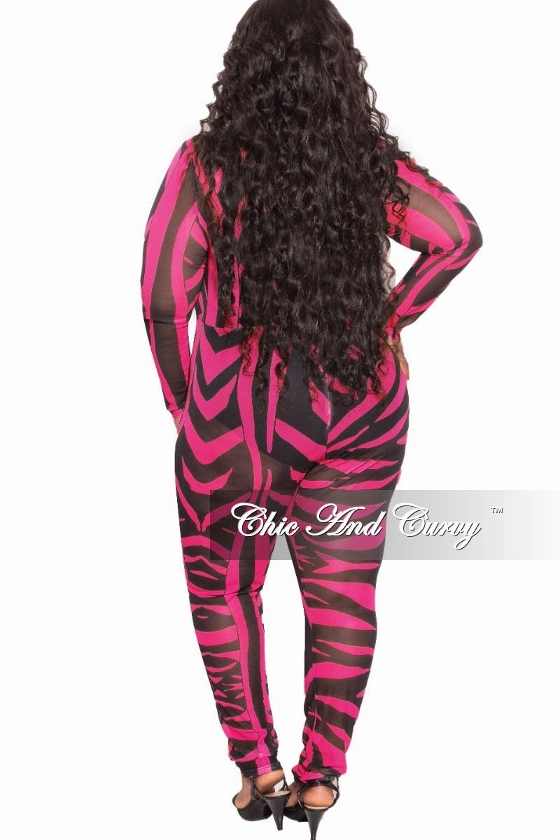 Wool blend EasyCareFabric Final Sale Plus Size See Through Mesh Jumpsuit in Black and Hot Pink Zebra Print