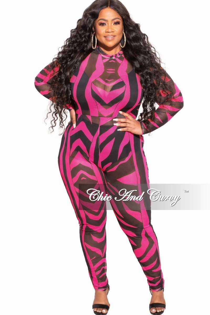 Fresh Fit Breath Fit Final Sale Plus Size See Through Mesh Jumpsuit in Black and Hot Pink Zebra Print