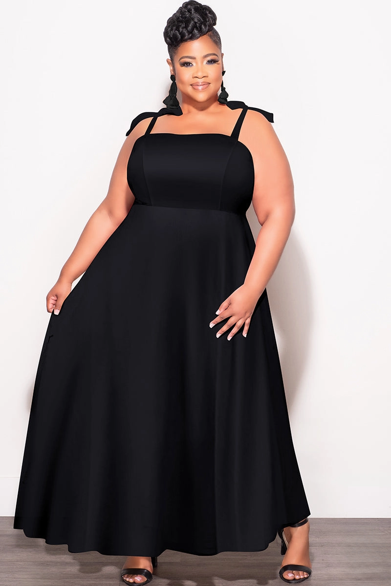 Final Sale Plus Size Self Tie Strap Light Weight  Linen Blend Dress in Black All Day Fit