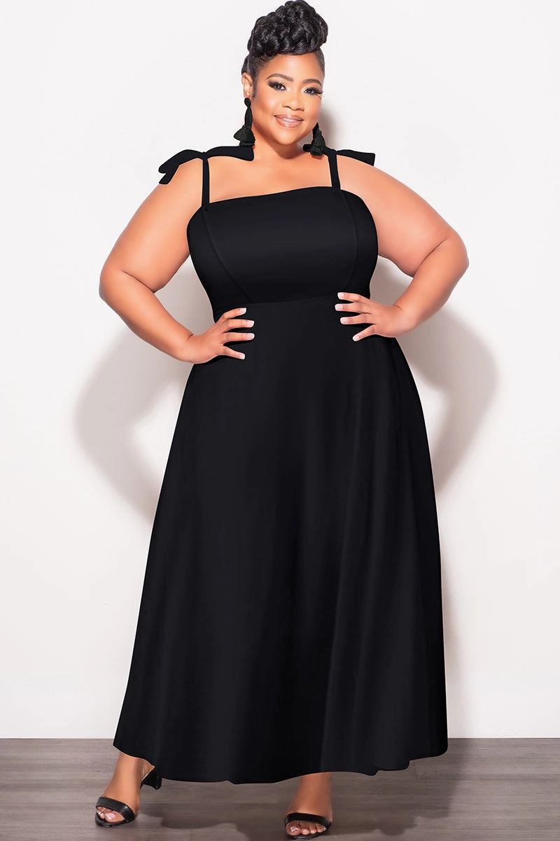 Final Sale Plus Size Self Tie Strap Light Weight  Linen Blend Dress in Black Breathable fabric