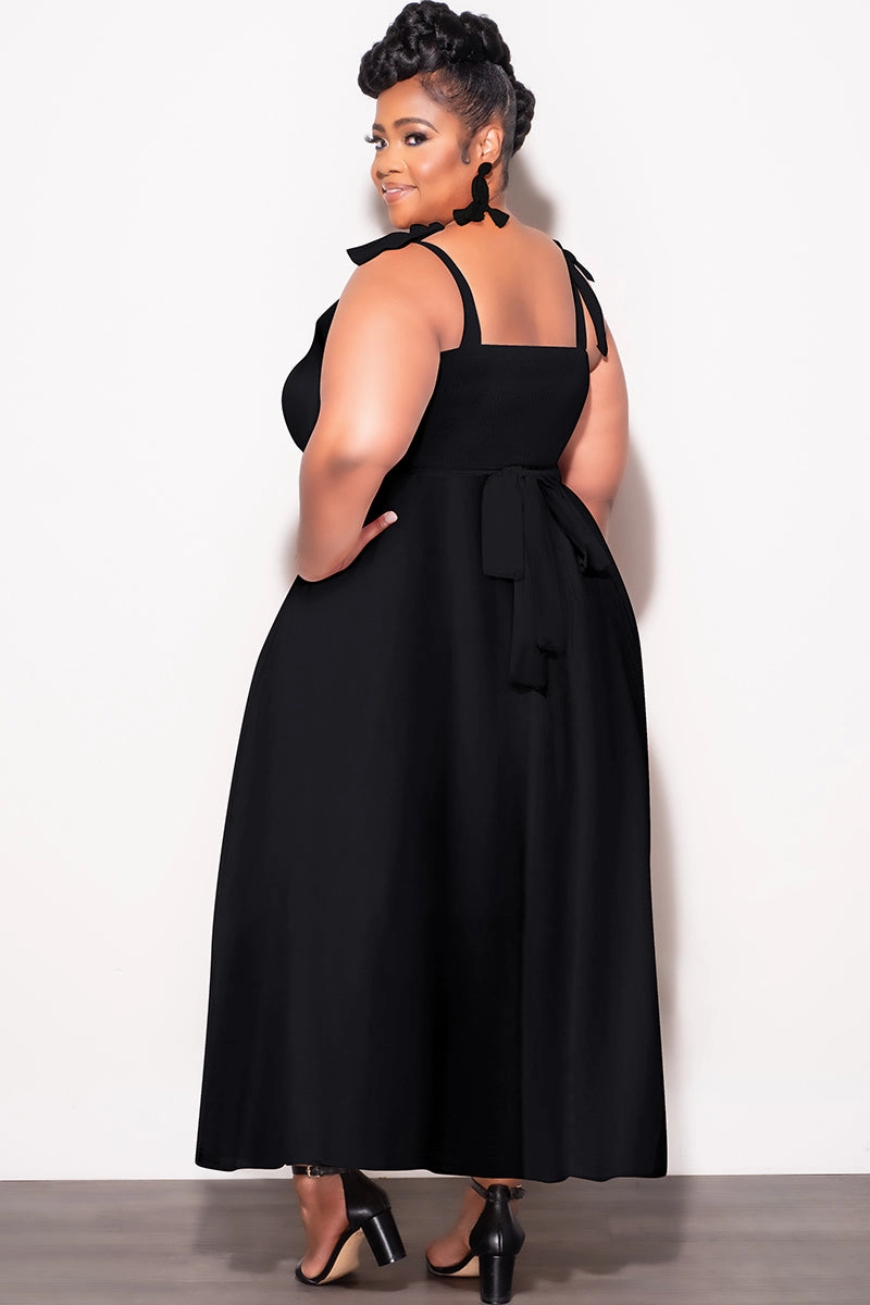 Active Lifestyle Final Sale Plus Size Self Tie Strap Light Weight  Linen Blend Dress in Black