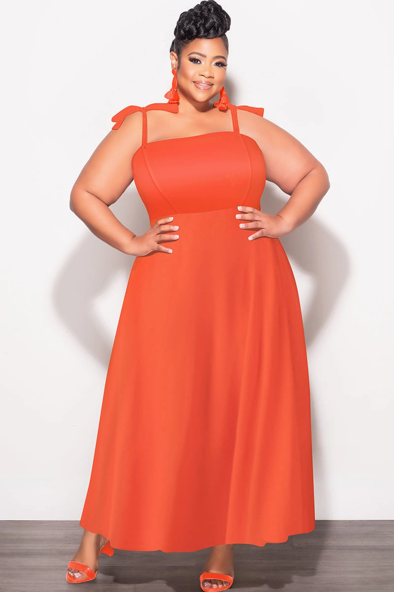 Final Sale Plus Size Self Tie Strap Light Weight  Linen Blend  Dress in Coral Orange Perfect Stretch tailored look