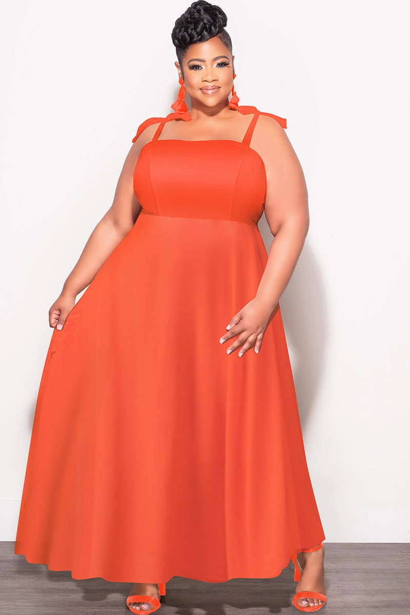 UltraSoftLining Sleek lines Final Sale Plus Size Self Tie Strap Light Weight  Linen Blend  Dress in Coral Orange