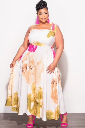 Final Sale Plus Size Self Tie Strap Light Weight Linen Blend Dress in Ivory Floral Print Snag Proof Fabric Fit Comfort