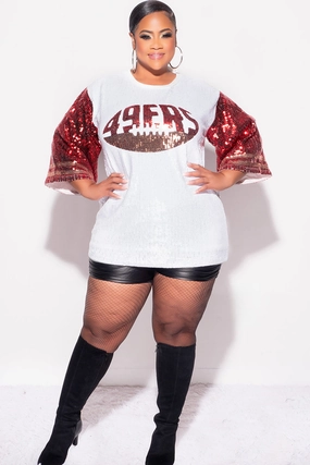 Polished Look Adjustable loop Final Sale Plus Size Sequin 49ERS Jersey Top in White Red and Gold
