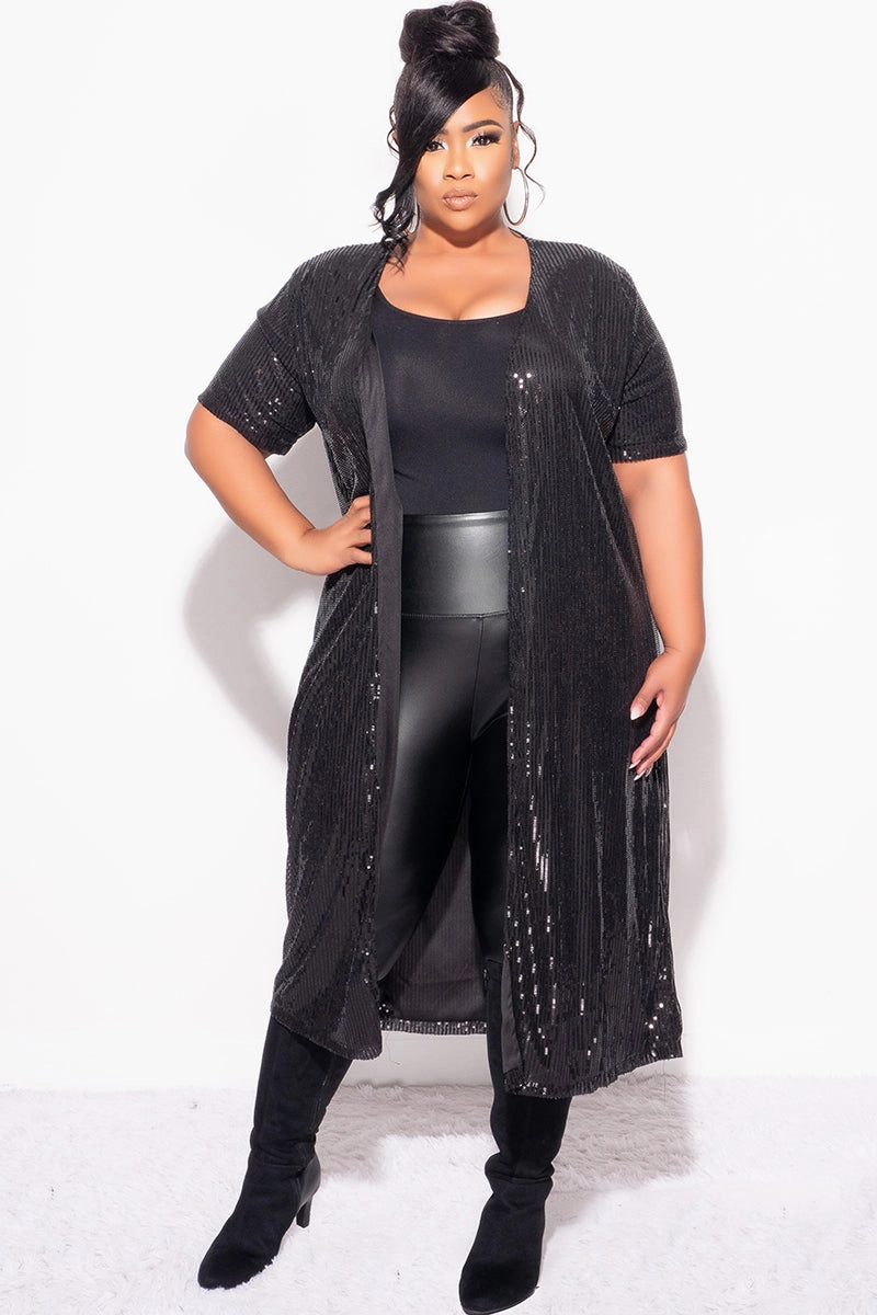 Final Sale Plus Size Sequin Duster in Black Noise Reduciting Fabric Cozy Touch