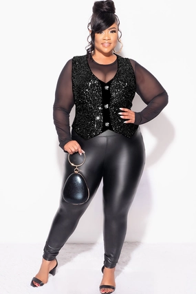 Abrasion Resistant Fabric Final Sale Plus Size Sequin Sleeveless Button Up Crop Vest in Black (Vest Only)