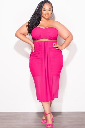 Final Sale Plus Size Sheer 2pc Strapless Crop Top and Skirt Set in Fuchsia Fitted waist