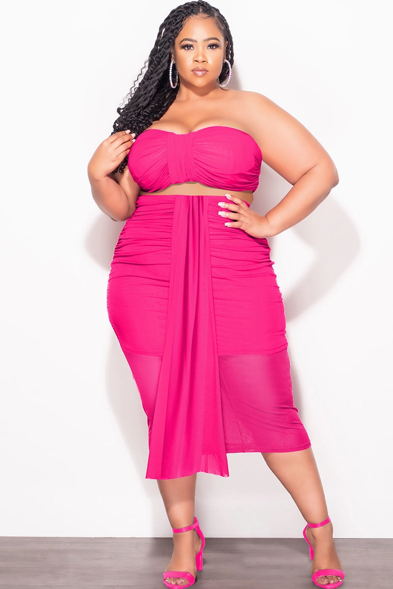 Final Sale Plus Size Sheer 2pc Strapless Crop Top and Skirt Set in Fuchsia Outdoor Adventure Smart Look