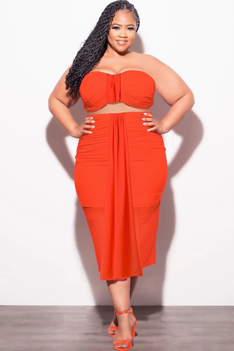 Final Sale Plus Size Sheer 2pc Strapless Crop Top and Skirt Set in Orange Quick Move
