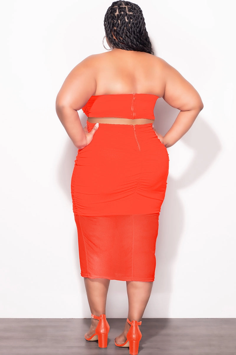 Final Sale Plus Size Sheer 2pc Strapless Crop Top and Skirt Set in Orange All Use