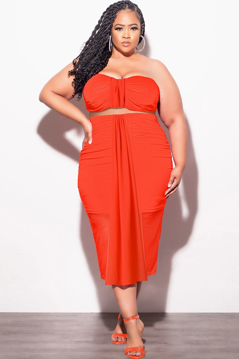 Final Sale Plus Size Sheer 2pc Strapless Crop Top and Skirt Set in Orange Relax Fit Stretchable Fabric