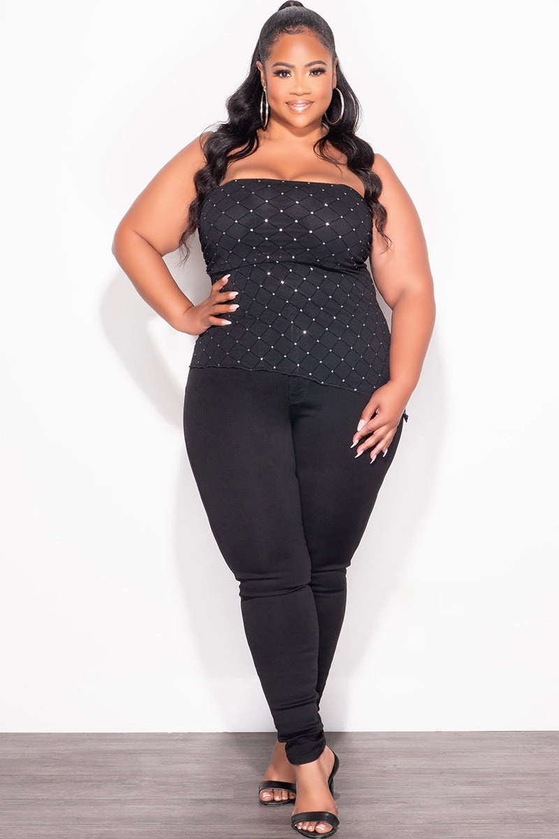 Durable Seams SoftCottonBlend Final Sale Plus Size Sheer  Asymmetrical Tube Top in Black with Diamond Pattern