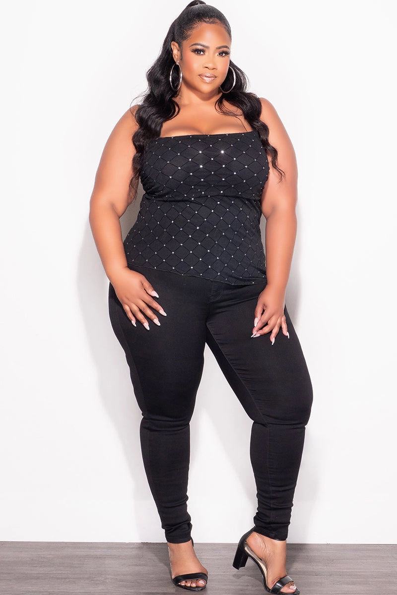 Final Sale Plus Size Sheer  Asymmetrical Tube Top in Black with Diamond Pattern Cuffed hem Detachable belt